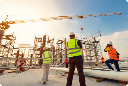 Three construction workers in safety vests observe a building site with cranes, scaffolding, and a water tank for construction under a bright sky, depicting teamwork and progress.